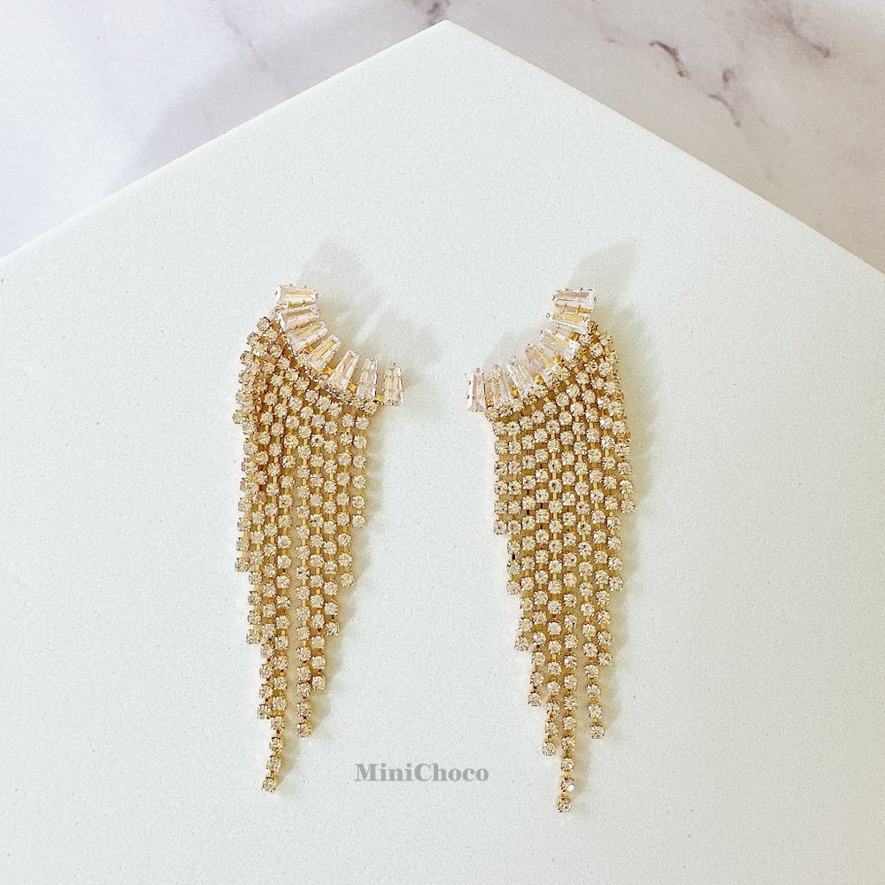 Gold Tone CZ Curved Tapered Baguette Cascading Earrings